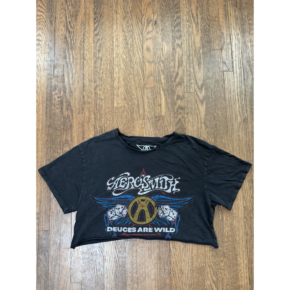 Aerosmith Deuces Are Wild Graphic Tee Cropped Black Rock Band Shirt Medium M